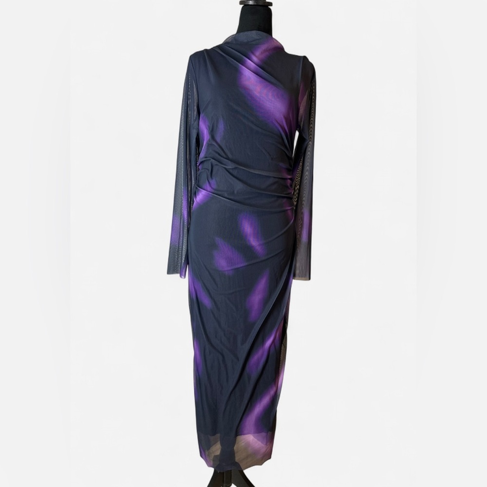 SHEIN Ruched Bodycon Long Sleeve Dress – Size L – Purple & Black Elegant Look